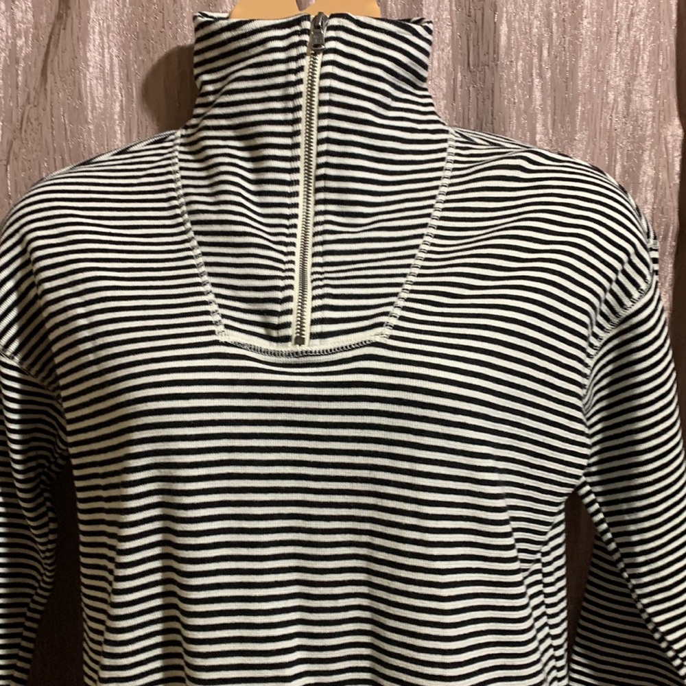 Chaps Top Sweater Sweatshirt Pullover 3/4 Zip Stretchy Black White Stripes M - Picture 3 of 13